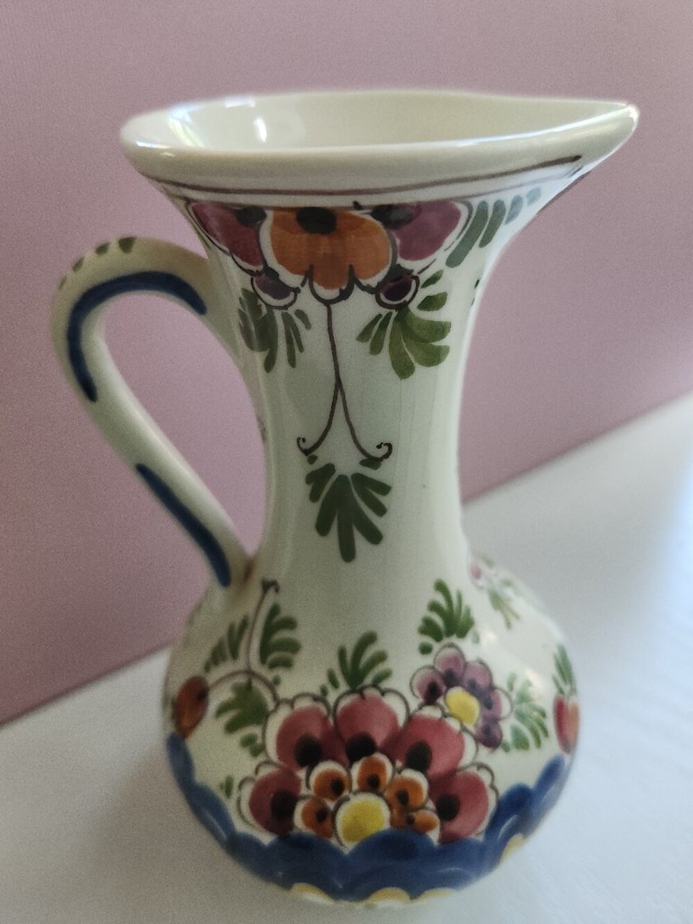 Delft Holland Polychrome Floral Pitcher, Hand Painted